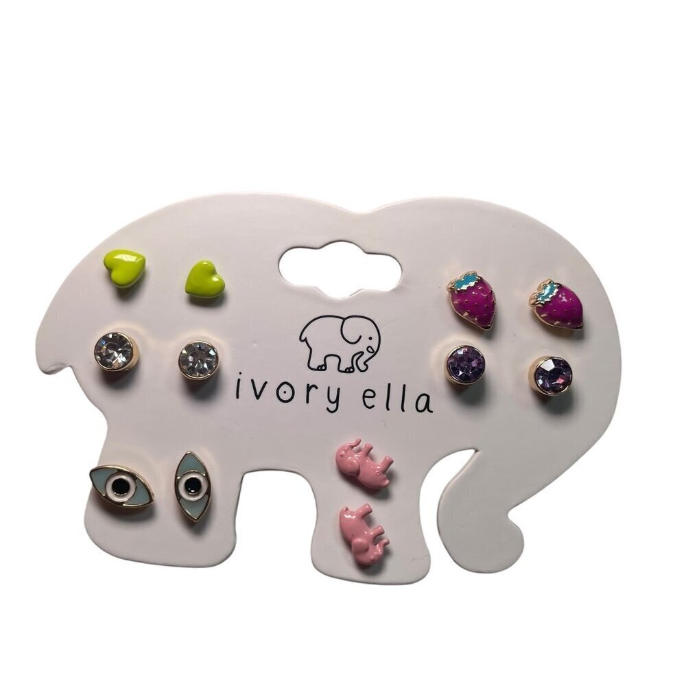 Ivory Ella Earrings Set of 6 Studs – Strawberries, Elephants, Hearts, Evil Eye